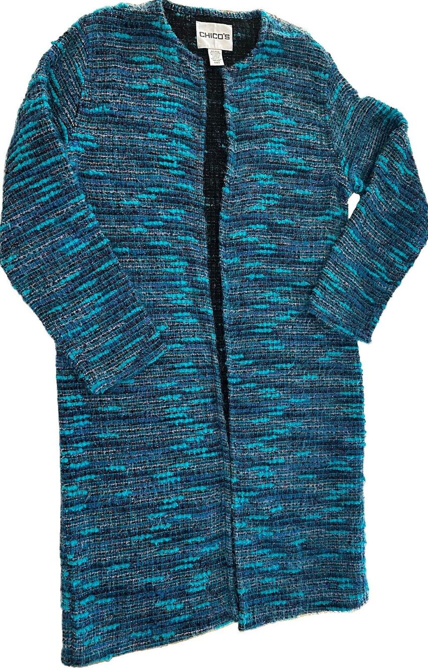 Chicos Womens Sz 0 Blue Woven Long Duster Jacket Open Front Boho Casual Bohemian